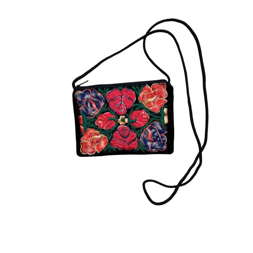 VTG Floral Embroidered Black Velvet Mini Crossbody Bag Boho Whimsigoth